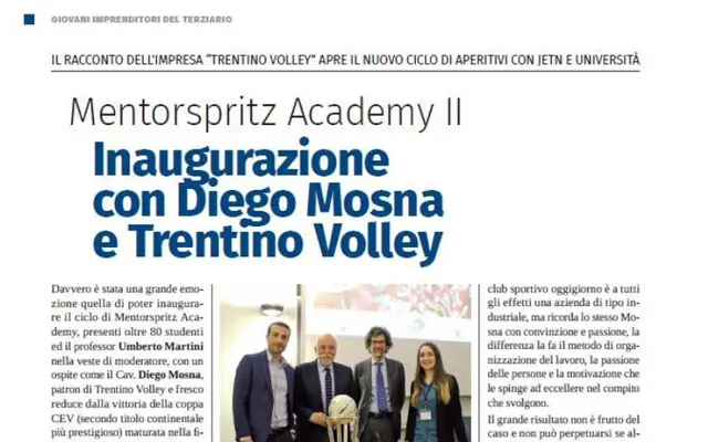 Pagina di giornale sull’inaugurazione del secondo ciclo di Mentorspritz Academy con Diego Mosna e Trentino Volley