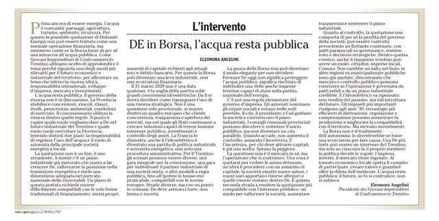 L’Adige: l’intervento di Eleonora Angelini, DE in Borsa e l’acqua resta pubblica