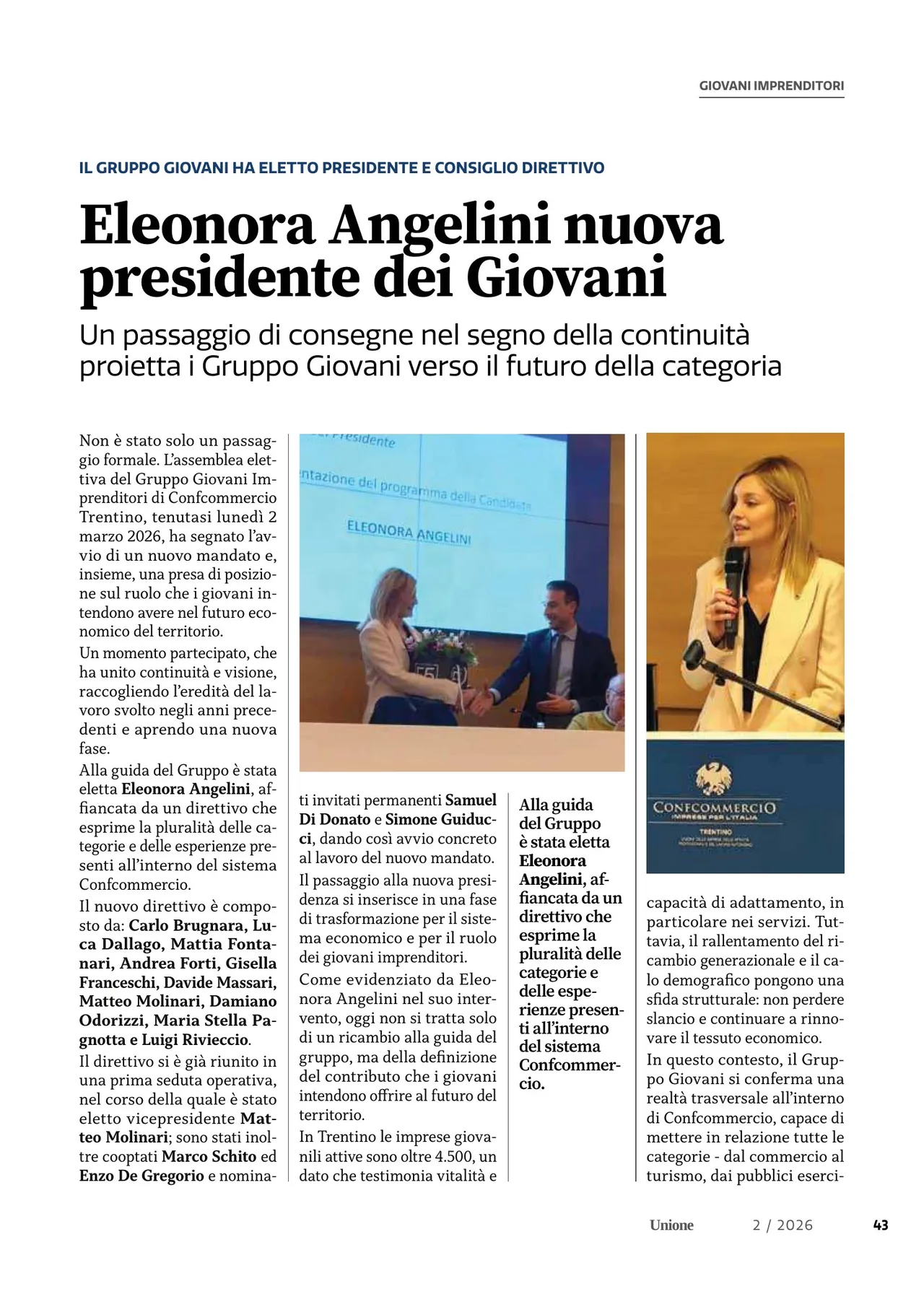 La pagina di Unione con il titolo «Eleonora Angelini nuova presidente dei Giovani», l’articolo su più colonne e le fotografie dell’assemblea elettiva