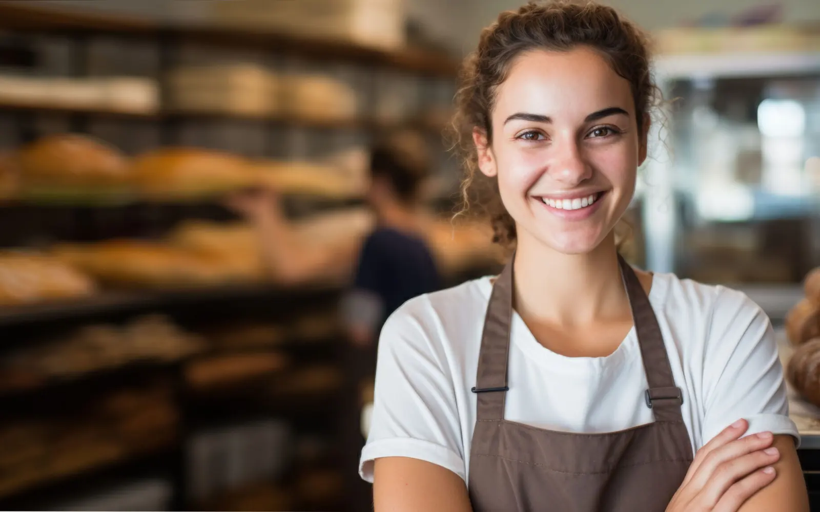 A young woman in uniform stands at the entrance to her bakery, in a welcoming pose. Generative AI.