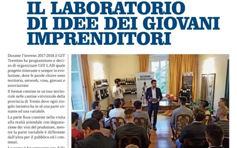 Pagina del giornale Unione dedicata a GIT LAB, con la foto di una presentazione nella sala di degustazione di una cantina