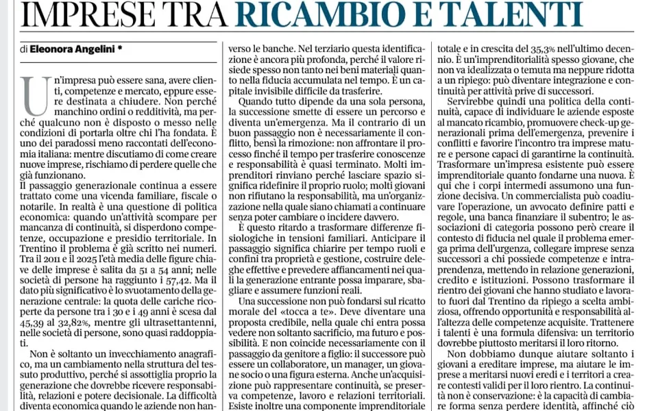 Articolo Imprese tra ricambio e talenti di Eleonora Angelini sul Corriere del Trentino