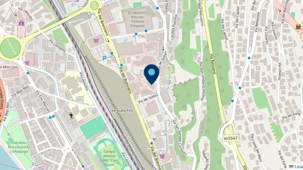 Mappa della zona nord di Trento con il segnaposto sulla sede di via Solteri 78, lungo la ferrovia del Brennero