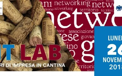 La locandina di GIT LAB, incontri d’impresa in cantina, con tappi di sughero e le parole chiave del progetto
